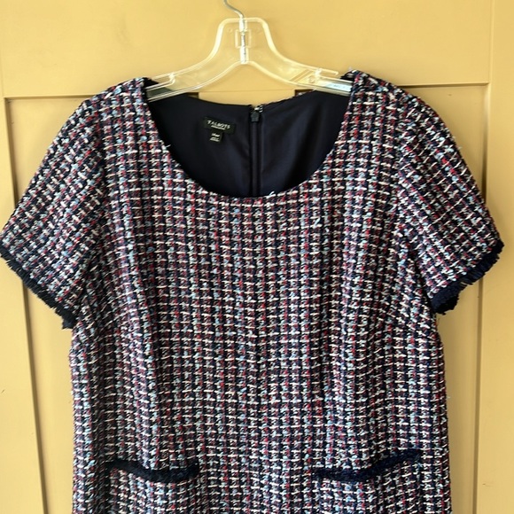 Talbots 14W Petite Sheath Tweed Dress Navy Red Frayed Hem Front Pockets MCM - Picture 2 of 10